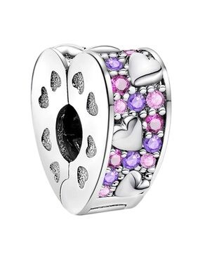 925 Pink & Purple CZ Heart Safety Stopper Charm for Bracelet